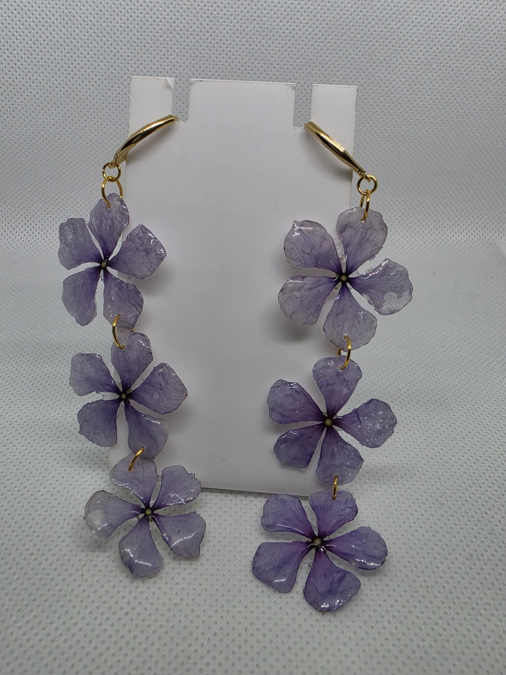 Handmade Purple Floral Drop Earrings - Gold Tone